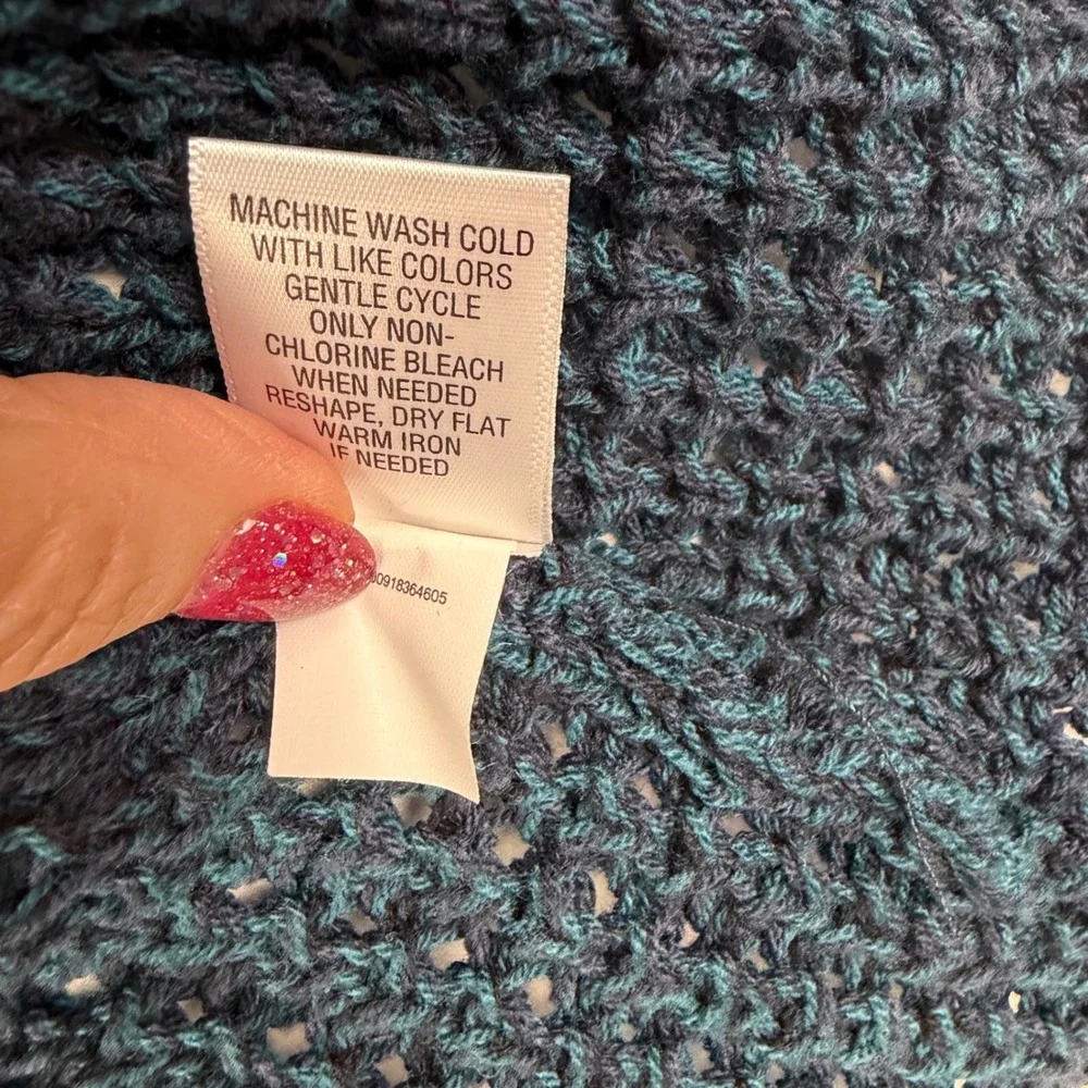 Apt 9 Teal Blue Space Dye‎ Open Knit Crochet Cardigan Button Tab Women's Large